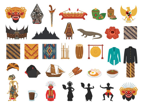 A comprehensive set of colorful Indonesian cultural and traditional symbols and icons.