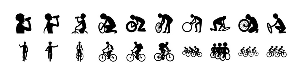 Obraz premium Flat icons of people using different transportation methods - Set of clean, minimalist icons showing diverse transportation options like walking, cycling, and wheelchairs in a simple style.