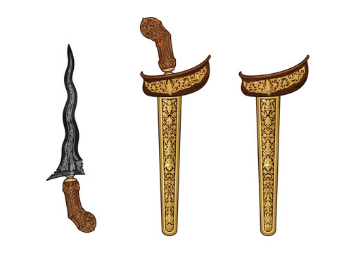 Indonesian traditional wavy kris daggers with decorative golden scabbards.