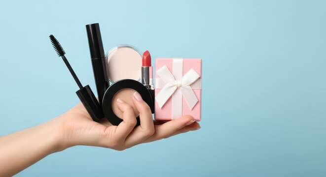 Close-up of hand holding makeup brushes and a pink gift box. Beauty tools for gift or cosmetic presentation.