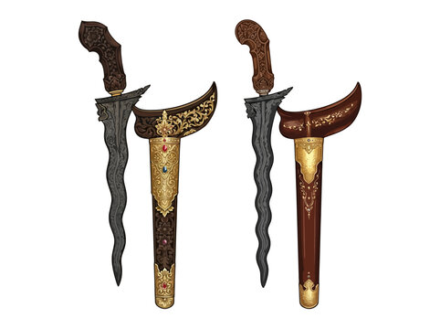 Two traditional keris daggers with wavy blades and ornate scabbards.