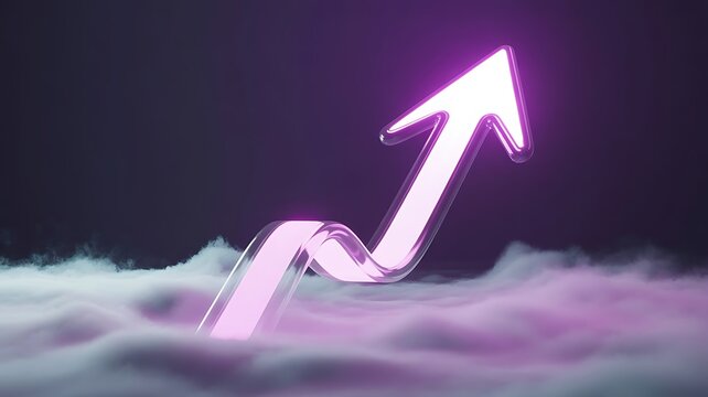 Shiny glass arrow rising upwards through soft purple clouds representing financial success and business growth in a modern abstract digital scene