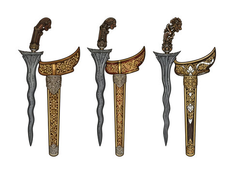 Three traditional Indonesian kris daggers with intricate wavy blades and ornate scabbards set against a white background.