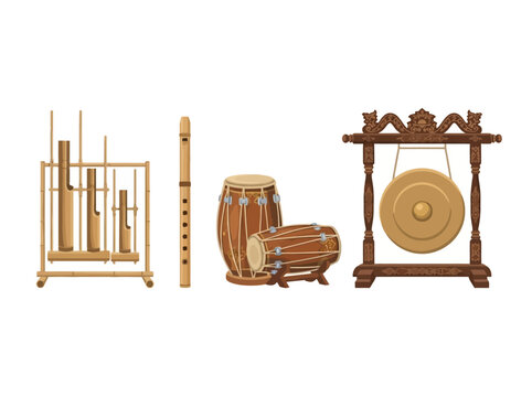 A collection of traditional Indonesian musical instruments including angklung flute kendang drums and a gong on a white background.