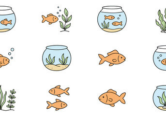 Fototapeta premium Cute Goldfish in Aquariums and Aquatic Plants - Seamless Pattern Vector Icons