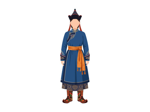 full body vector illustration of a person in traditional mongolian deel costume.