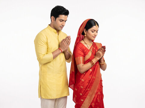 young indian couple performing chhath puja prayer isolated on white background in traditional attire for festival celebration greeting cards and commercial branding