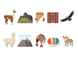 Fototapeta premium A collection of colorful illustrations representing Peruvian culture and Andean wildlife featuring llamas Machu Picchu a condor ponchos and traditional artifacts.