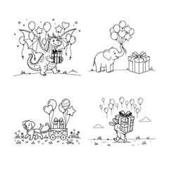 Fototapeta premium Charming animal birthday illustrations lion panda turtle and deer with gifts