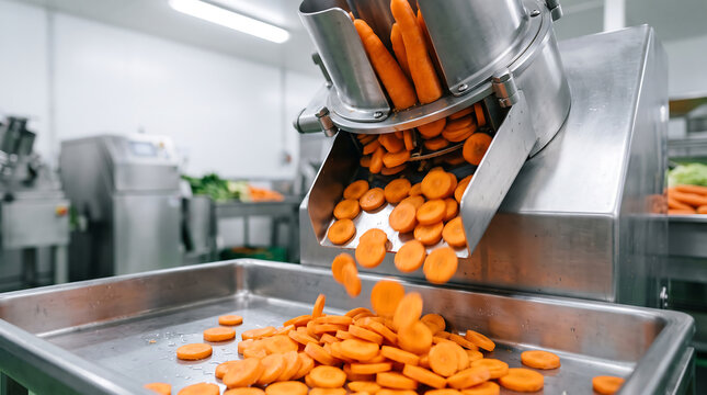 Industrial vegetable slicer processing fresh carrots in a commercial kitchen, sliced pieces falling into a stainless steel tray on a work surface