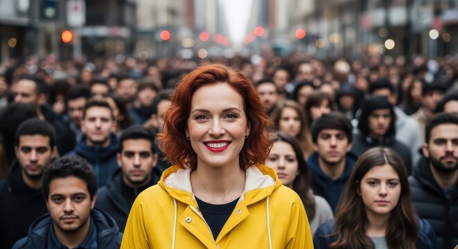 Confident young woman smiling in a crowd. Female professional engaging in outdoor social event.