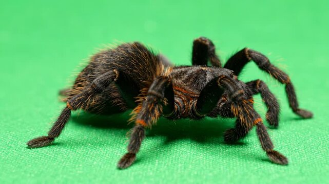 Large hairy tarantula spider walking slowly across a bright green screen background for visual effects compositing