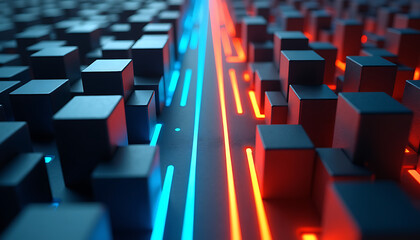 Fototapeta premium Abstract digital landscape with dark blocks and glowing blue and red parallel lines, futuristic concept.