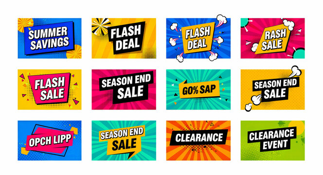 Colorful comic style sale banners and promotional labels set. Vibrant pop art design elements with discount text on sunburst backgrounds. Retail promotion marketing graphics for e-commerce.