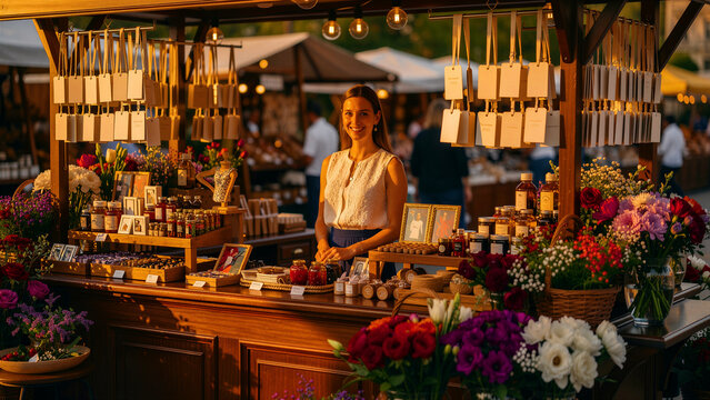 Smiling woman shopkeeper standing behind a wooden stall at an outdoor market during golden hour. Merchant selling artisanal jars and flowers at a festive evening fair. Local business concept.