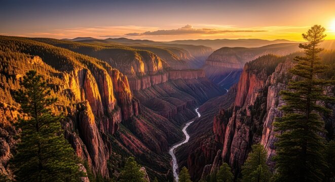 Majestic canyon landscape at sunset. Scenic natural scenery with vibrant colors and dramatic cliffs.