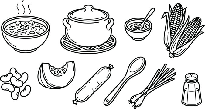 Traditional Locro Stew Cooking Ingredients with Casserole Pot, Corn Cob, Beans, and Sausage Line Art Vector Icon Set for South American Recipes, Food Blogs, and Menu Designs