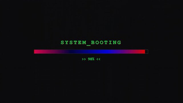 System Booting Progress Bar with Retro Terminal Aesthetics and Digital Glitch Effects.