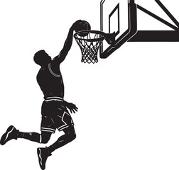 Black and white silhouette of a basketball player performing a powerful slam dunk, reaching up to place the ball into the hoop and net on a backboard © PixelSaga MH2 