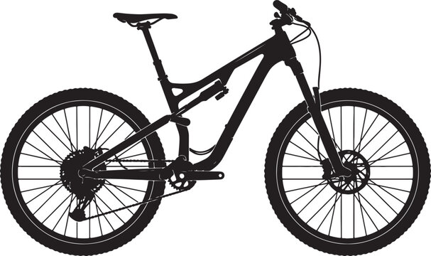 Black silhouette of a full-suspension mountain bike, side view isolated on white background, bicycle cycle