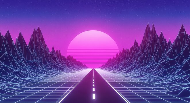 Futuristic neon-lit road at sunset. Cyberpunk cityscape with glowing trees and vibrant sky. Digital landscape scene.