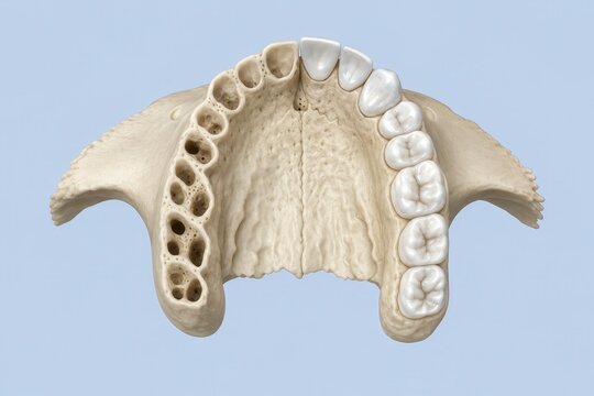 Upper jaw palate showing teeth and empty tooth sockets after extraction