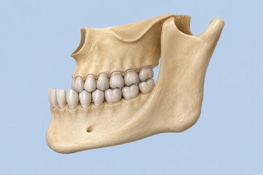 Human upper and lower jaw bones with complete teeth in normal dental occlusion