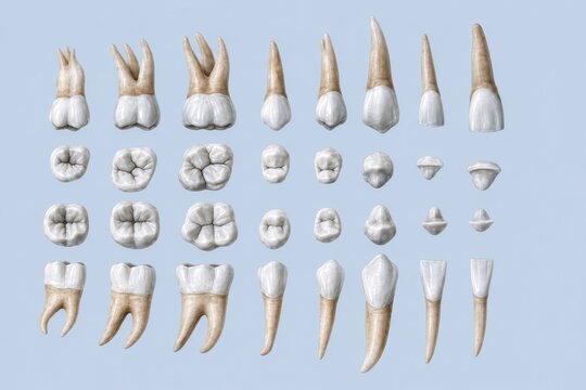 Human tooth types collection showing incisors canines premolars and molars from multiple anatomical views