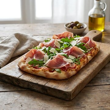 Prosciutto and arugula flatbread pizza on wooden board.