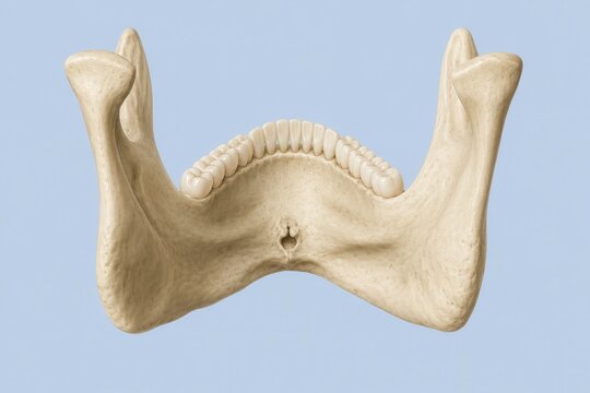 Superior view of human mandible with complete lower dental arch and mandibular rami