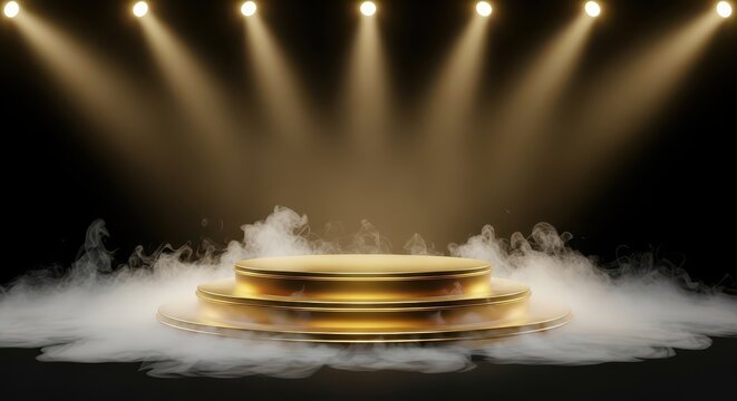 Golden award podium with spotlights. Celebratory event stage setup for winners and ceremonies