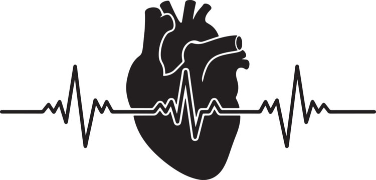 Black silhouette of an anatomical human heart combined with a continuous ekg heartbeat line, isolated on a white background