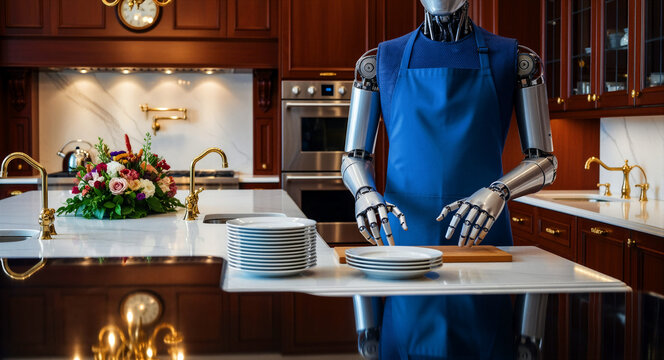 Futuristic humanoid robot in a blue apron stands in a luxury kitchen. Robotic butler prepares service among high-end cabinetry and marble. AI domestic automation concept for future tech marketing.
