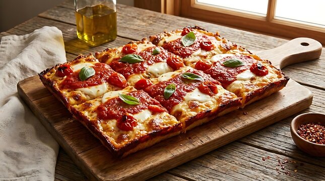 Rectangular thick crust pizza on wooden cutting board.