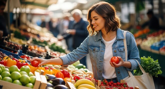 Young woman shopping at a vibrant outdoor farmers market. Female customer selecting fresh produce for healthy eating.