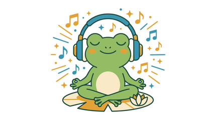 Fototapeta premium Frog meditating in a lotus position while wearing headphones represents a peaceful state of mind and mindfulness.