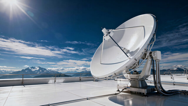 Large satellite dish antenna on a mountain station under clear sky. Telecommunications equipment providing global connectivity in a remote location. Ideal for aerospace and network marketing.