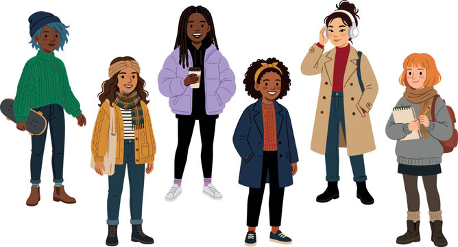 Group of stylish young people wearing winter fashion outfits including sweaters, jackets and beanies, diverse teenagers casual streetwear flat vector illustration set