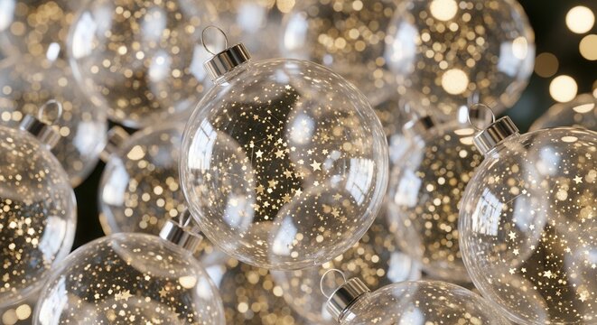 Close-up of sparkling Christmas ornaments with bokeh lights. Festive holiday decorations for seasonal celebrations.