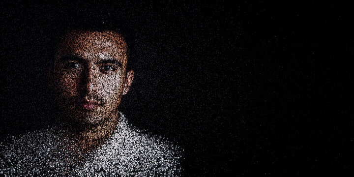 Digital ID Portrait of Man with Face made up of Code. E-signature Concept with copy-space.