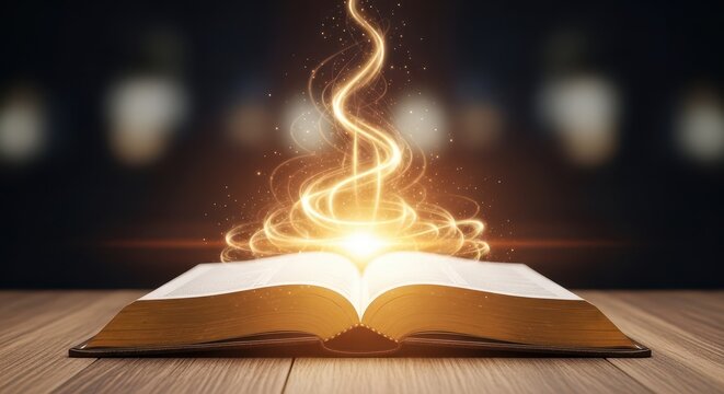 Open book with glowing magical light. Fantasy literature and storytelling concept. Mystical knowledge and imagination.