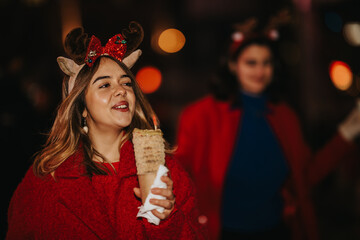 Two girls wearing reindeer headbands enjoy street food at night. A smiling woman in a red coat holds a wrapped sweet cone while her friend stands blurred behind her. © qunica.com