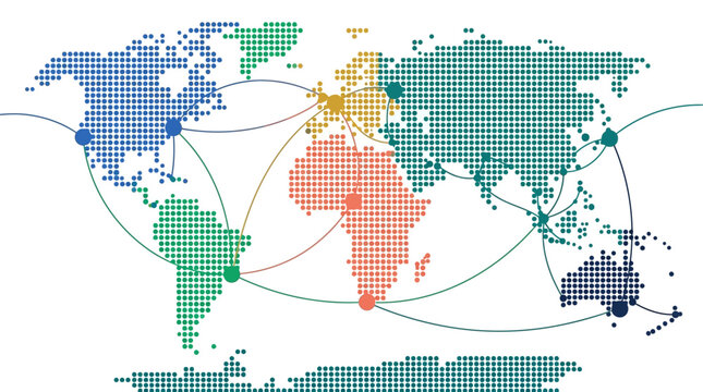 World map composed of colorful squares illustrates international trade routes and global communication networks for business.