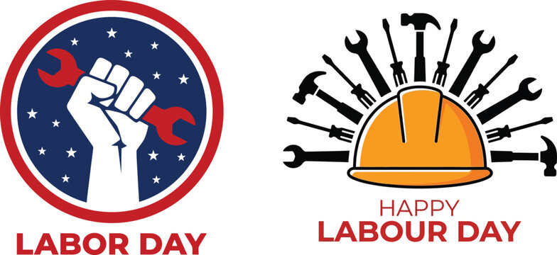 Set of two labor day celebration emblems featuring a raised fist and construction tools with hard hat
