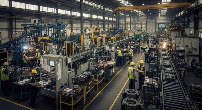 Industrial manufacturing plant with workers operating machinery. Factory workers managing production lines in a large industrial facility.