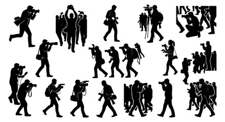 Fototapeta premium Journalist and Photographer Silhouettes Collection: Action Shots, Media Coverage, Event Reporting, News Gathering, Vector Icons
