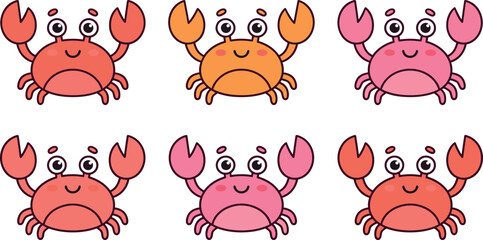 Set of cute cartoon crabs in different colors with happy facial expressions, adorable sea animal characters flat vector illustration for kids design © MstLaily
