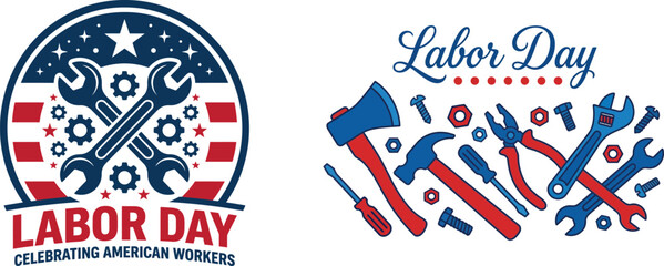 Obraz premium Labor day celebration designs featuring patriotic american flag colors and various construction tools for holiday marketing graphics