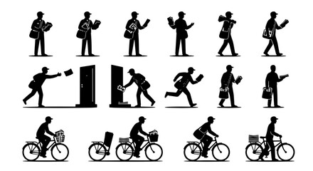 Fototapeta premium Postman Silhouette Collection: Delivery Actions, Mail Carrier Icons, Postal Worker Poses, Bicycle Delivery Set, 15 Vector Graphics