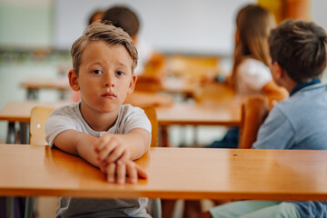 Young boy feeling lonely in classroom looking at camera © Ljustina